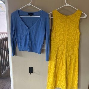 Yellow Lace Sleeveless Dress with Blue Cardigan.